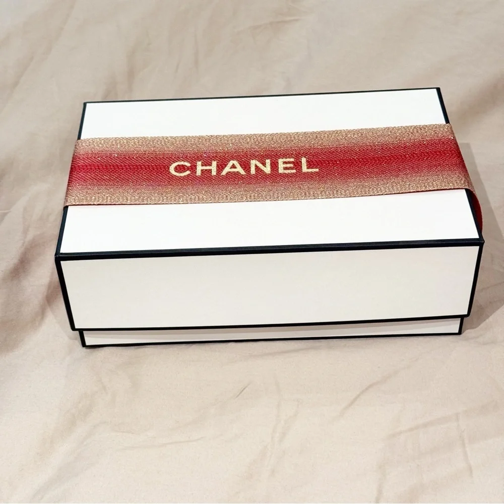 Chanel gift box with limited edition red and gold extra wide wrapping ribbon